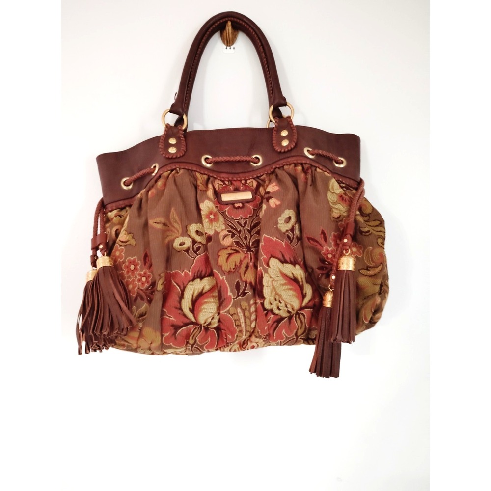Isabella Fiore Floral Tapestry Satchel Handbag Brown Leather Trim Boho VTG Purse - Picture 2 of 16